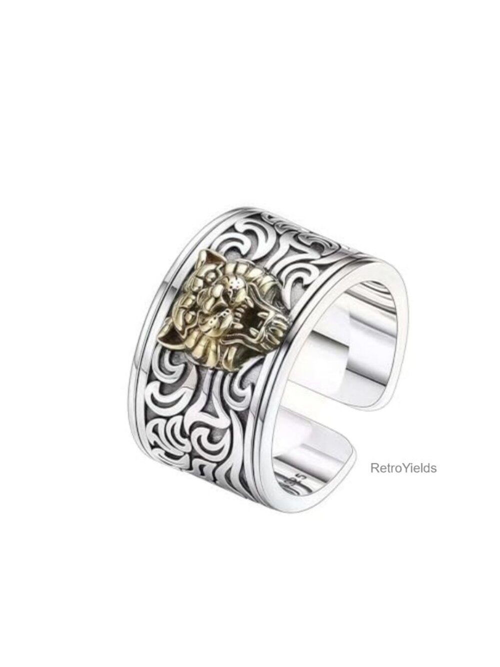 Thai Silver Plated Tiger Head Adjustable Open Band Ring Men Biker Punk